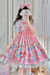 Robe Jsk Sweet Lolita à nœud volanté avec imprimé terrain de jeu de poupée rose